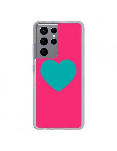 Coque Samsung Galaxy S21 Ultra et S30 Ultra Coeur Bleu Fond Rose - Laetitia