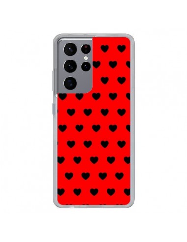 Coque Samsung Galaxy S21 Ultra et S30 Ultra Coeurs Noirs Fond Rouge - Laetitia