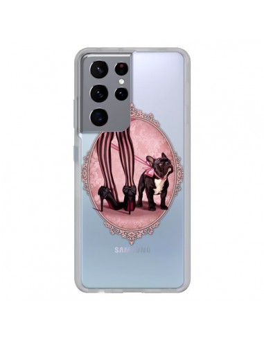 Coque Samsung Galaxy S21 Ultra et S30 Ultra Lady Jambes Chien Bulldog Dog Rose Pois Noir Transparente - Maryline Cazenave
