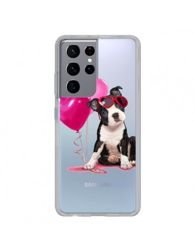 Coque Samsung Galaxy S21 Ultra et S30 Ultra Chien Dog Ballon Lunettes Coeur Rose Transparente - Maryline Cazenave