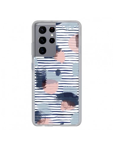 Coque Samsung Galaxy S21 Ultra et S30 Ultra Watercolor Stains Stripes Navy - Ninola Design