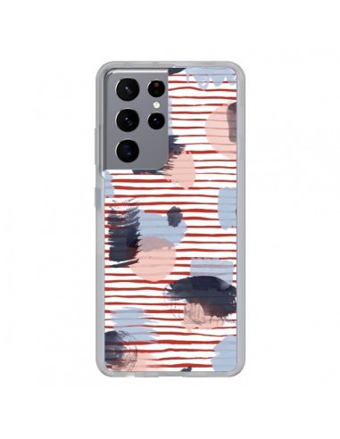 Coque Samsung Galaxy S21 Ultra et S30 Ultra Watercolor Stains Stripes Red - Ninola Design