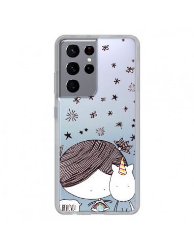 Coque Samsung Galaxy S21 Ultra et S30 Ultra Petite Fille et Licorne I Believe Transparente - Nico