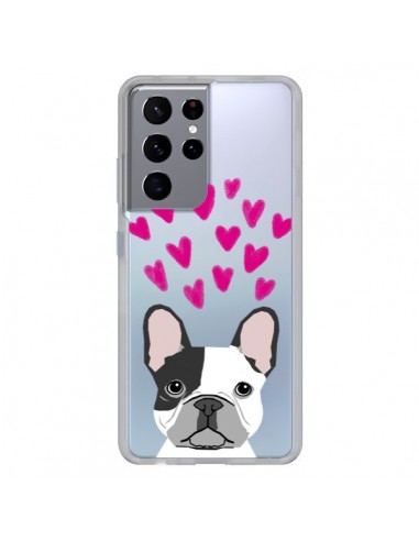 Coque Samsung Galaxy S21 Ultra et S30 Ultra Bulldog Français Coeurs Chien Transparente - Pet Friendly