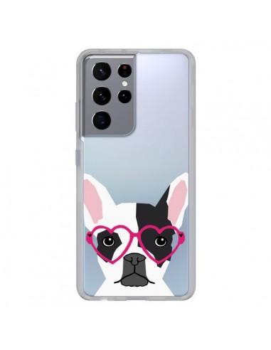 Coque Samsung Galaxy S21 Ultra et S30 Ultra Bulldog Français Lunettes Coeurs Chien Transparente - Pet Friendly