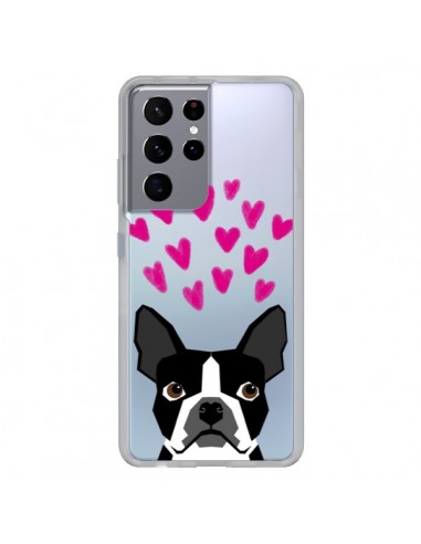 Coque Samsung Galaxy S21 Ultra et S30 Ultra Boston Terrier Coeurs Chien Transparente - Pet Friendly