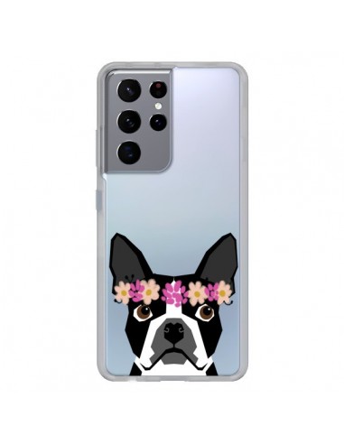 Coque Samsung Galaxy S21 Ultra et S30 Ultra Boston Terrier Fleurs Chien Transparente - Pet Friendly