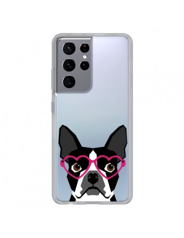 Coque Samsung Galaxy S21 Ultra et S30 Ultra Boston Terrier Lunettes Coeurs Chien Transparente - Pet Friendly