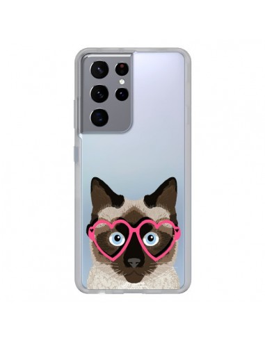 Coque Samsung Galaxy S21 Ultra et S30 Ultra Chat Marron Lunettes Coeurs Transparente - Pet Friendly