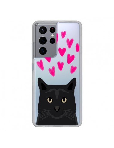 Coque Samsung Galaxy S21 Ultra et S30 Ultra Chat Noir Coeurs Transparente - Pet Friendly