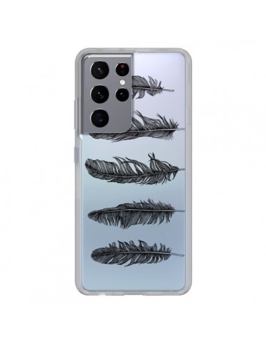 Coque Samsung Galaxy S21 Ultra et S30 Ultra Plume Feather Noir Transparente - Rachel Caldwell
