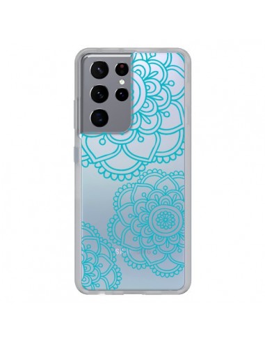 Coque Samsung Galaxy S21 Ultra et S30 Ultra Mandala Bleu Aqua Doodle Flower Transparente - Sylvia Cook