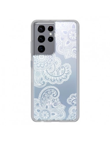 Coque Samsung Galaxy S21 Ultra et S30 Ultra Lacey Paisley Mandala Blanc Fleur Transparente - Sylvia Cook