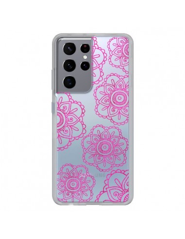 Coque Samsung Galaxy S21 Ultra et S30 Ultra Pink Doodle Flower Mandala Rose Fleur Transparente - Sylvia Cook