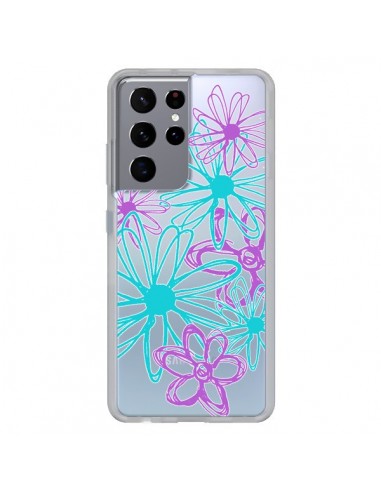 Coque Samsung Galaxy S21 Ultra et S30 Ultra Turquoise and Purple Flowers Fleurs Violettes Transparente - Sylvia Cook