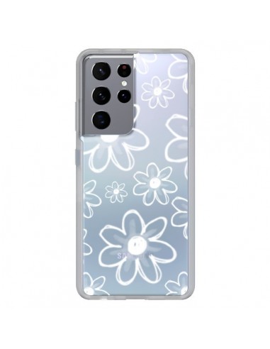 Coque Samsung Galaxy S21 Ultra et S30 Ultra Mandala Blanc White Flower Transparente - Sylvia Cook