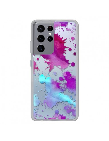 Coque Samsung Galaxy S21 Ultra et S30 Ultra Watercolor Splash Taches Bleu Violet Transparente - Sylvia Cook