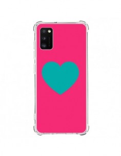 Coque Samsung Galaxy A41 Coeur Bleu Fond Rose - Laetitia