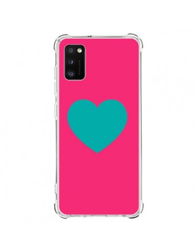 Coque Samsung Galaxy A41 Coeur Bleu Fond Rose - Laetitia