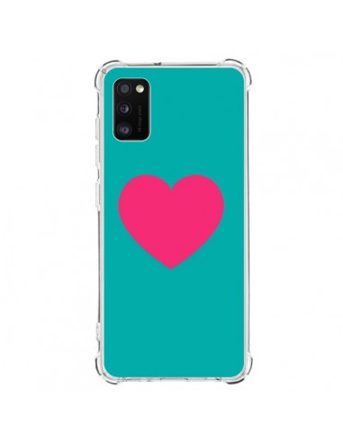 Coque Samsung Galaxy A41 Coeur Rose Fond Bleu  - Laetitia