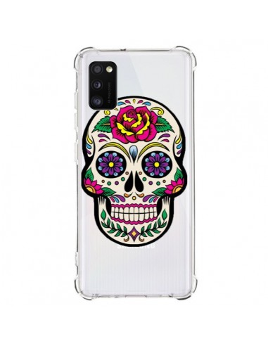 Coque Samsung Galaxy A41 Tête de Mort Mexicaine Fleurs Transparente - Laetitia