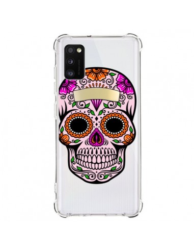 Coque Samsung Galaxy A41 Tête de Mort Mexicaine Noir Rose Transparente - Laetitia