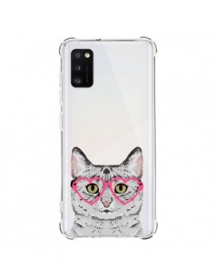 Coque Samsung Galaxy A41 Chat Gris Lunettes Coeurs...