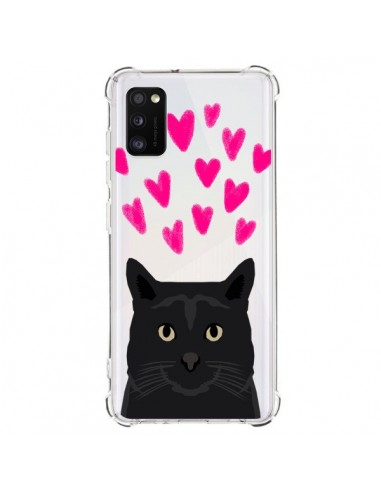 Coque Samsung Galaxy A41 Chat Noir Coeurs Transparente - Pet Friendly