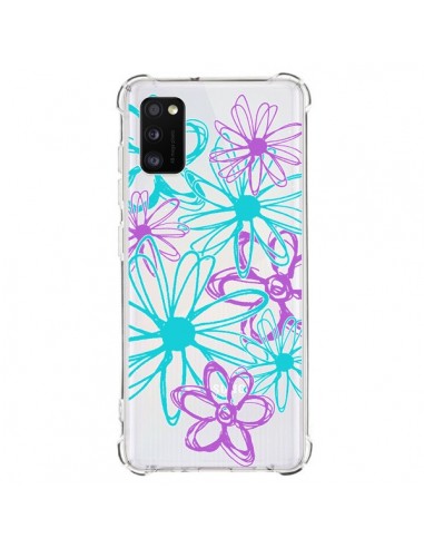 Coque Samsung Galaxy A41 Turquoise and Purple Flowers Fleurs Violettes Transparente - Sylvia Cook