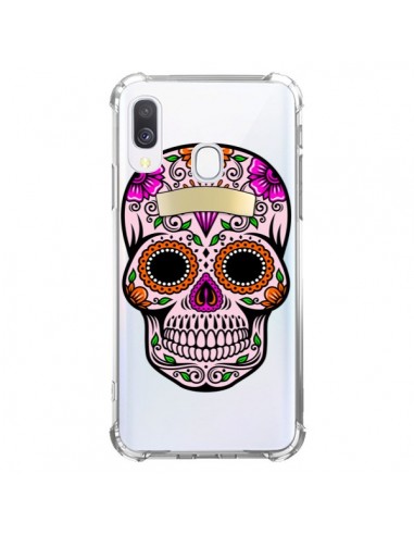 Coque Samsung Galaxy A40 Tête de Mort Mexicaine Noir Rose Transparente - Laetitia