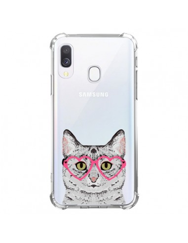 Coque Samsung Galaxy A40 Chat Gris Lunettes Coeurs Transparente - Pet Friendly