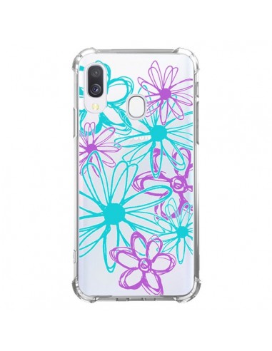 Coque Samsung Galaxy A40 Turquoise and Purple Flowers Fleurs Violettes Transparente - Sylvia Cook