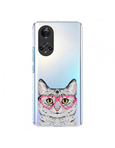 Coque Honor 50 et Huawei Nova 9 Chat Gris Lunettes Coeurs Transparente - Pet Friendly