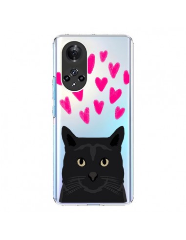 Coque Honor 50 et Huawei Nova 9 Chat Noir Coeurs Transparente - Pet Friendly