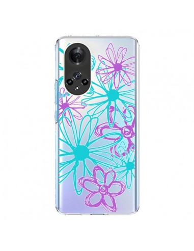 Coque Honor 50 et Huawei Nova 9 Turquoise and Purple Flowers Fleurs Violettes Transparente - Sylvia Cook