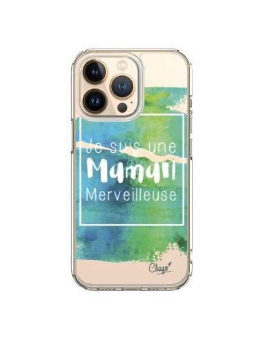 Coque iPhone 13 Pro Je suis une Maman Merveilleuse Bleu Vert Transparente - Chapo