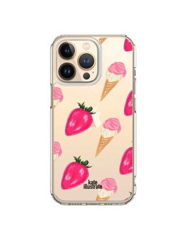 Coque iPhone 13 Pro Strawberry Ice Cream Fraise Glace Transparente - kateillustrate