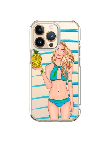 Coque iPhone 13 Pro Malibu Ananas Plage Ete Bleu Transparente - kateillustrate