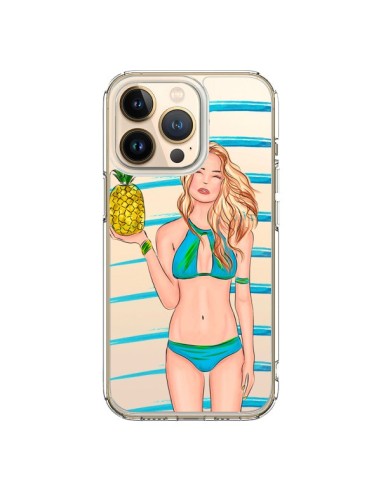 Cover iPhone 13 Pro Malibu Ananas Plage Ete Blu Trasparente - kateillustrate