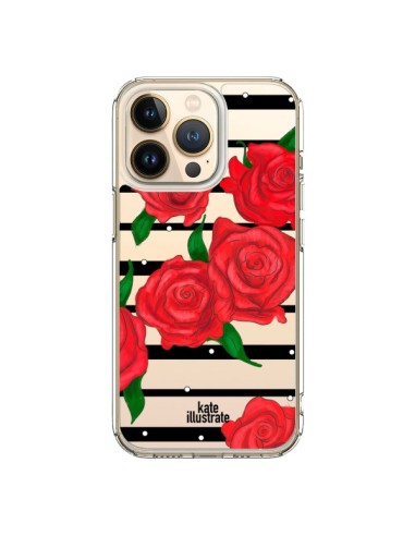 Coque iPhone 13 Pro Red Roses Rouge Fleurs Flowers Transparente - kateillustrate