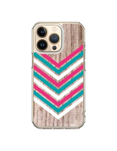 Coque iPhone 13 Pro Tribal Aztèque Bois Wood Flèche Rose Bleu - Laetitia