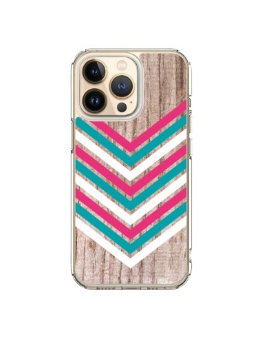 Coque iPhone 13 Pro Tribal Aztèque Bois Wood Flèche Rose Bleu - Laetitia