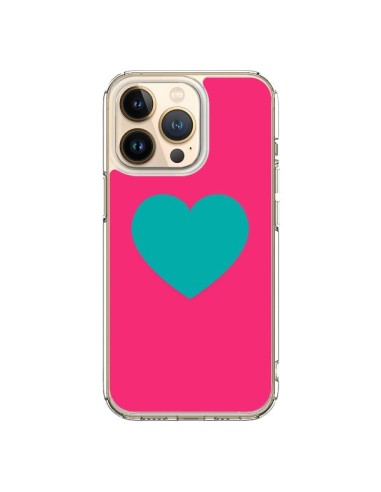 Coque iPhone 13 Pro Coeur Bleu Fond Rose - Laetitia