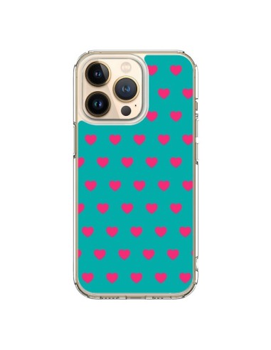 Coque iPhone 13 Pro Coeurs Roses Fond Bleu - Laetitia