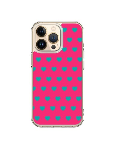 Coque iPhone 13 Pro Coeurs Bleus Fond Rose - Laetitia