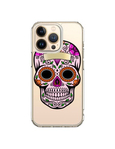 Coque iPhone 13 Pro Tête de Mort Mexicaine Noir Rose Transparente - Laetitia
