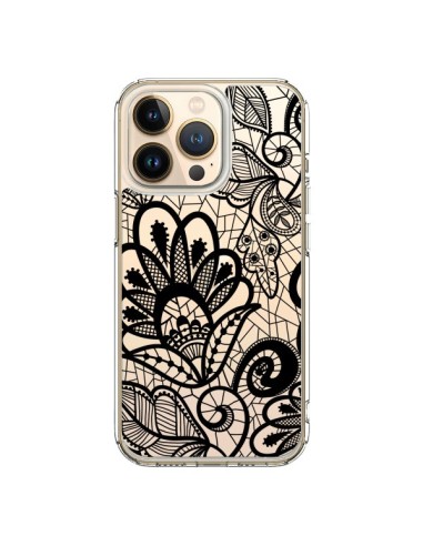 Coque iPhone 13 Pro Lace Fleur Flower Noir Transparente - Petit Griffin