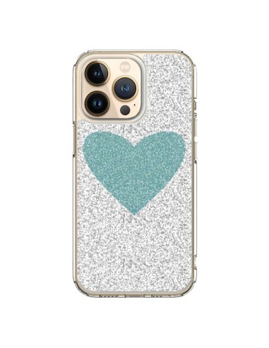Coque iPhone 13 Pro Coeur Bleu Vert Argent Love - Mary Nesrala