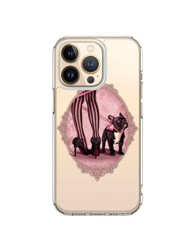 Coque iPhone 13 Pro Lady Jambes Chien Bulldog Dog Rose Pois Noir Transparente - Maryline Cazenave