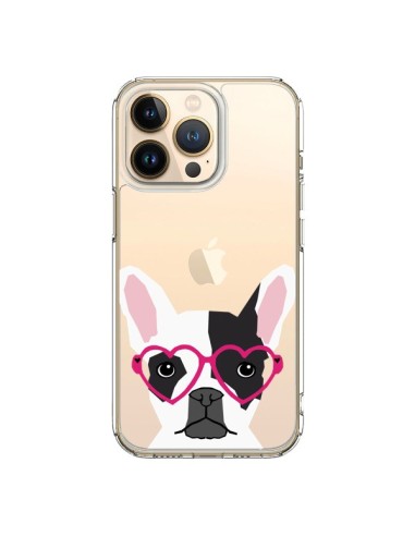 Coque iPhone 13 Pro Bulldog Français Lunettes Coeurs Chien Transparente - Pet Friendly